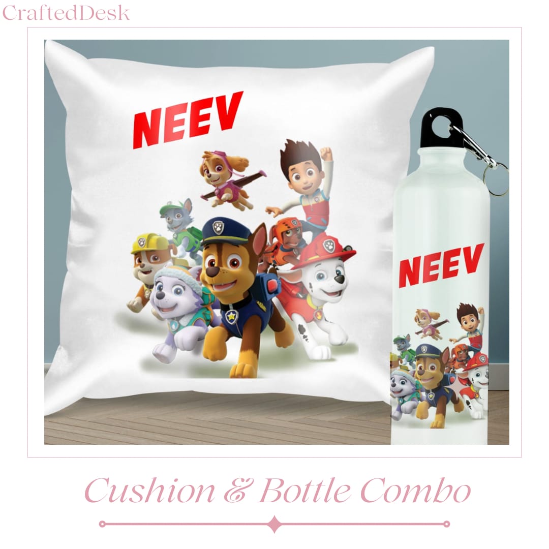 Kids personalized Cushion + Bottle Combo