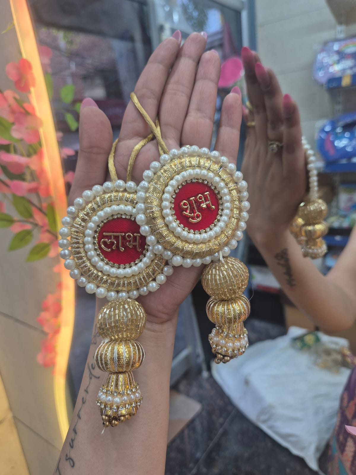 Shubh Labh Pearl & Golden Hanging Pair ✨