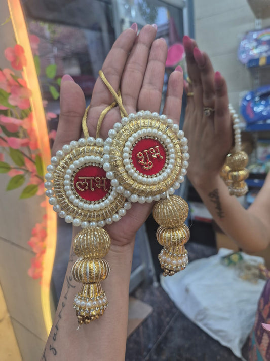 Shubh Labh Pearl & Golden Hanging Pair ✨