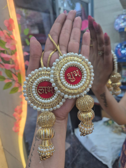 Shubh Labh Pearl & Golden Hanging Pair ✨