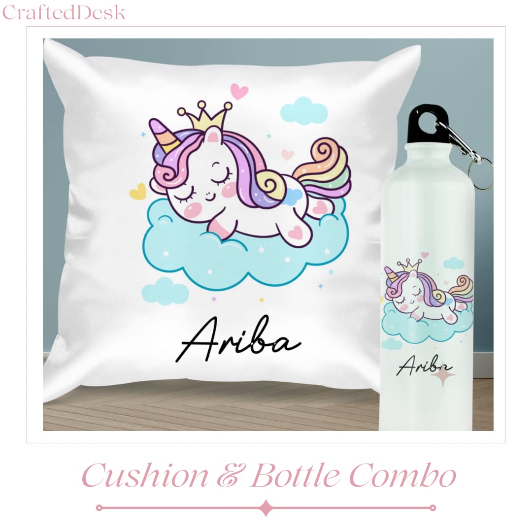 Kids personalized Cushion + Bottle Combo