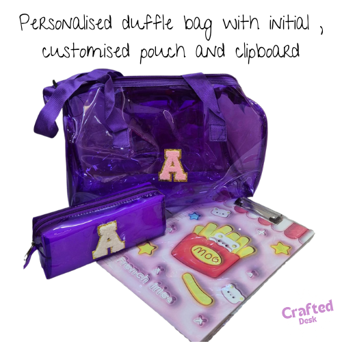 Personalised duffle bag with initial , customised pouch and clipboard